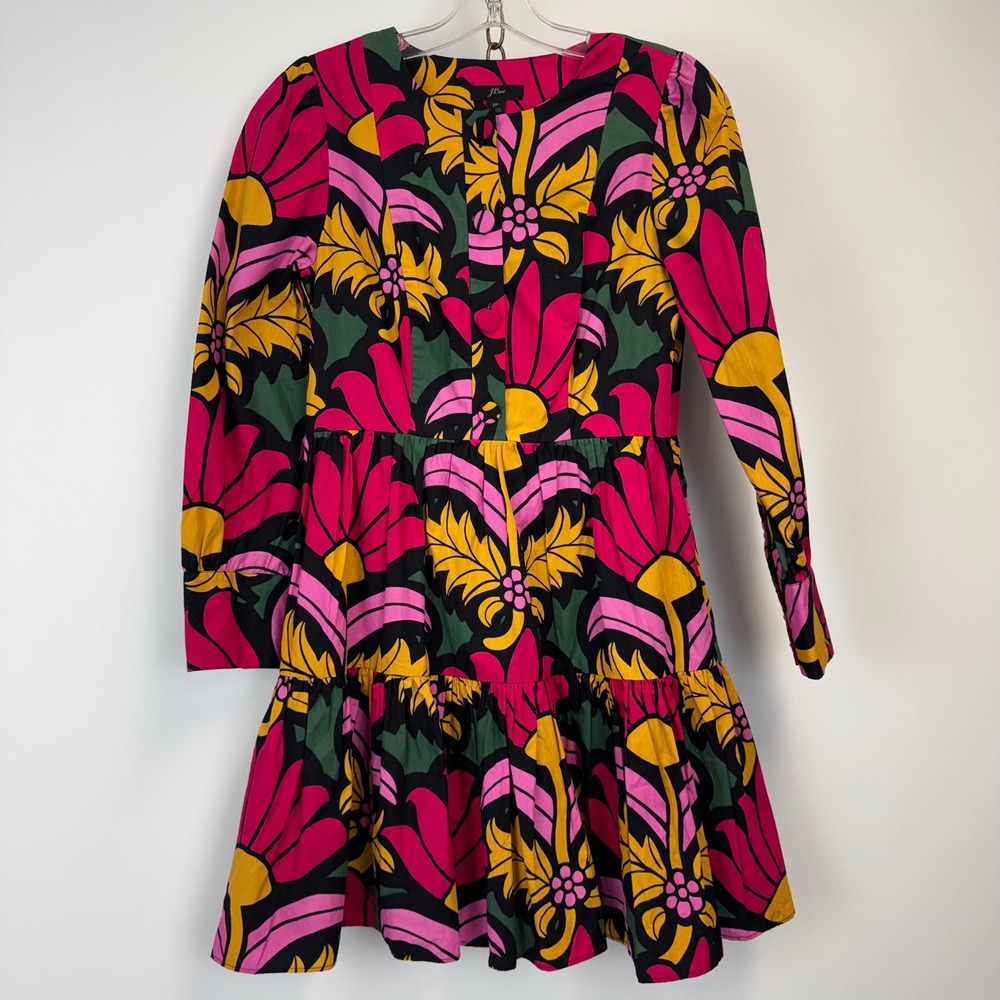 J.Crew Petite‎ 2P Bold Floral Cotton Dress Pink Yellow Black Ruffle Hem